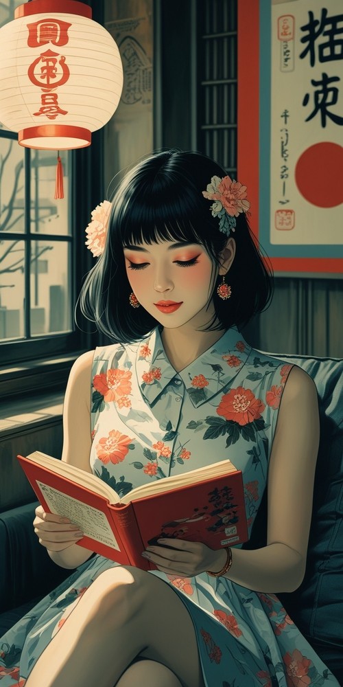 Elegant Woman Reading in Japanese Digital Art Print-image