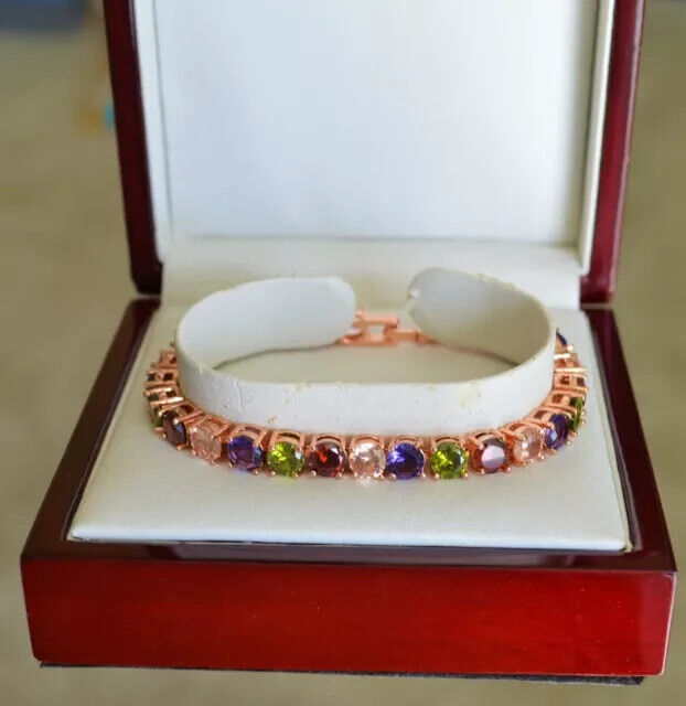 10Ct Round Cut Simulated Sapphire Women's Tennis Bracelet 14K Rose Gold Plated