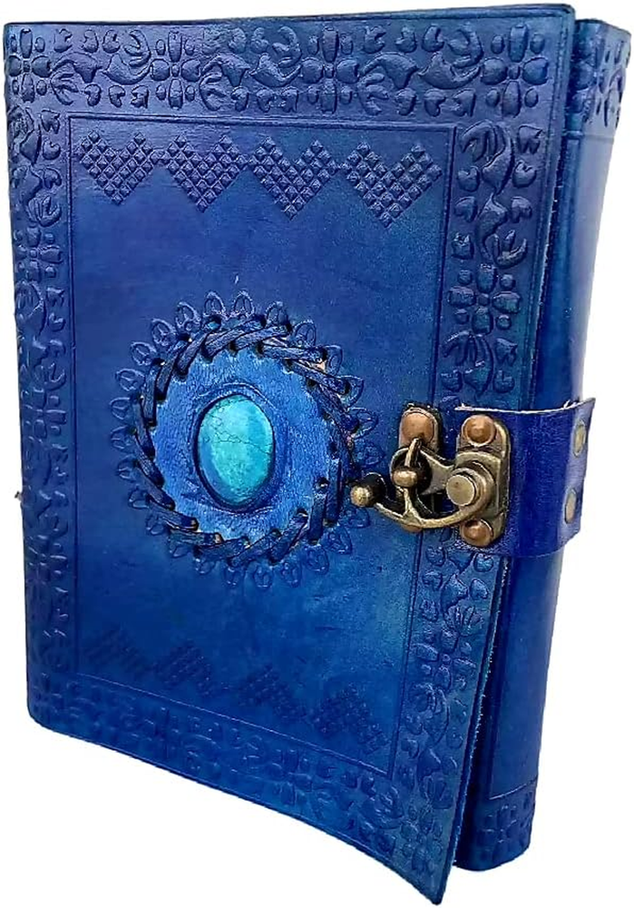 Turquoise Blue Stone Leather Journal with Unlined Pages for Writing