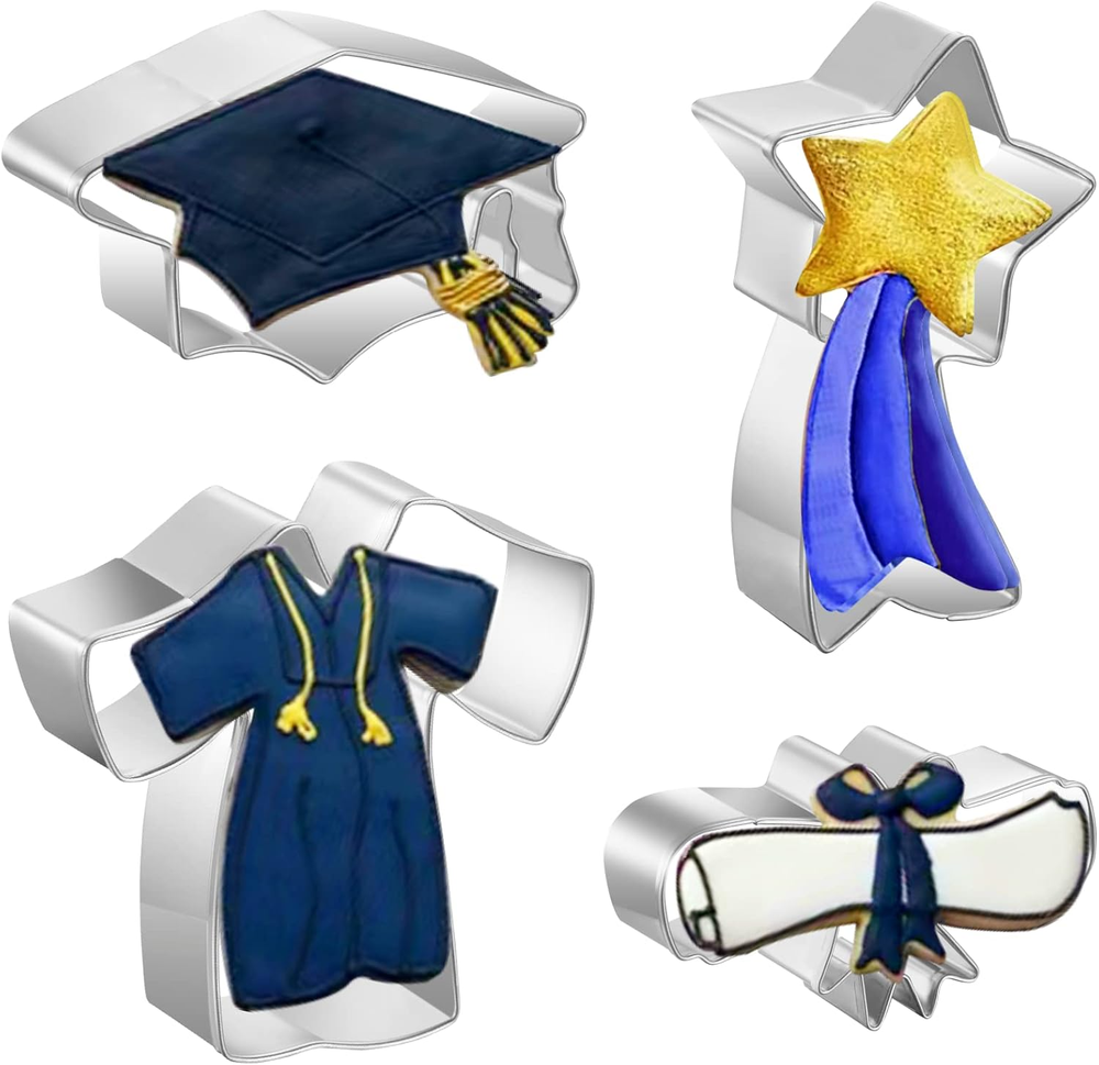 4-Piece Graduation Cookie Cutter Set - Cap, Gown, Diploma, Star