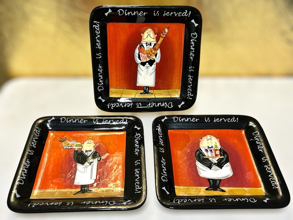 (3) Dinner Is Served 8.5” Salad Plate Square Chef Waiter Bistro By Certified int