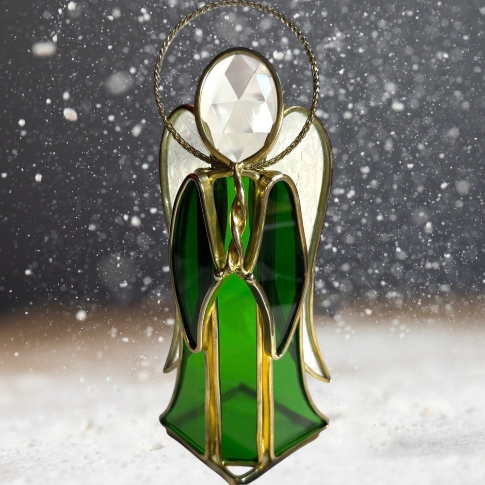 VTG 1979 Leny Signed Green Stained Glass Gold Tone Angel Candle Votive Holder