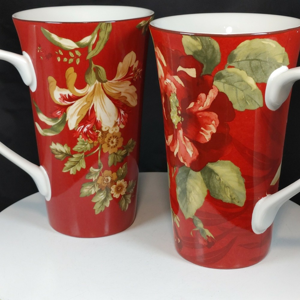 Set of Two Large Coffee Mugs Red Floral 222 Fifth International 16 oz Size