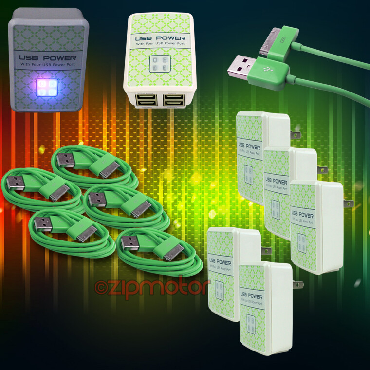 5X 4 USB PORT POWER ADAPTER+10FT CABLE CHARGER DATA GREEN IPHONE IPOD TOUCH IPAD