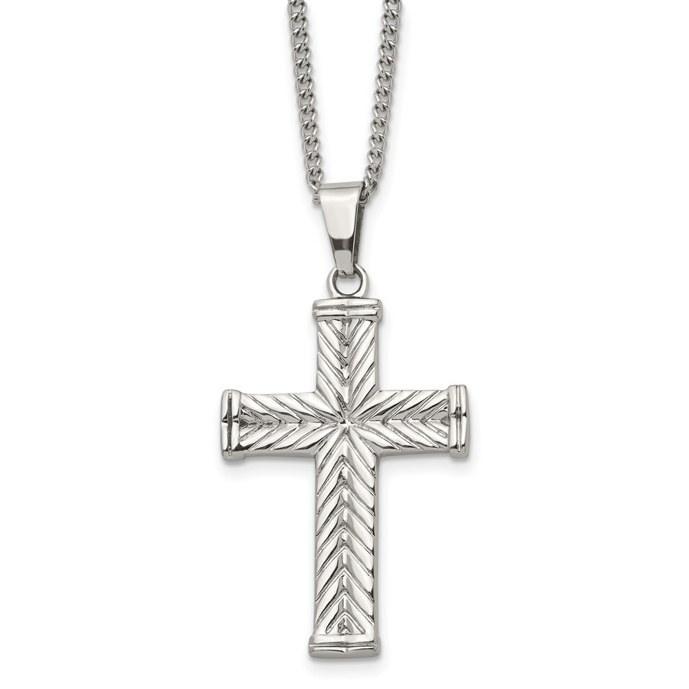 Stainless Steel Polished Textured Cross Pendant Curb Chain Necklace 22 Inch