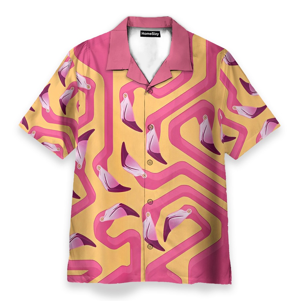 Pink Flamingo Maze Yellow Background   Hawaiian Shirt Beach Short