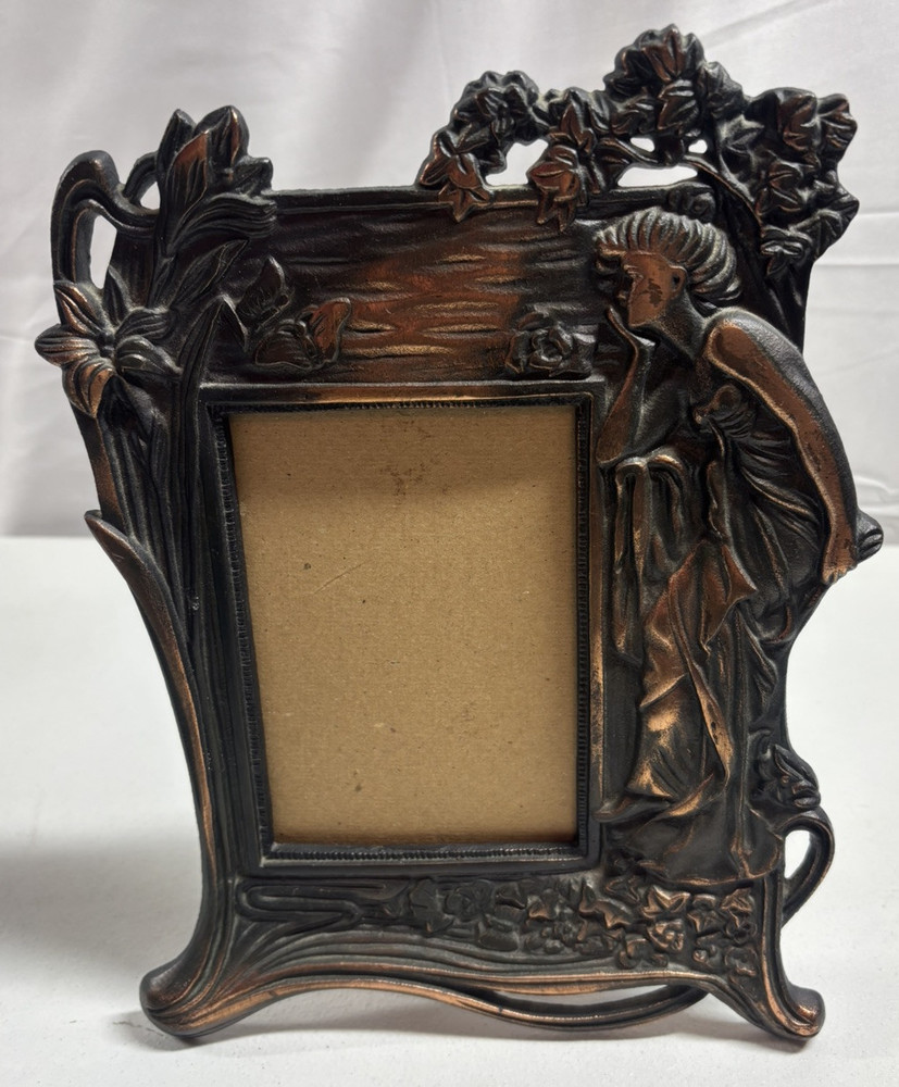 Vintage Art Nouveau Cast Iron 4x6 Photo Picture Frame Copper Wash Grecian Woman