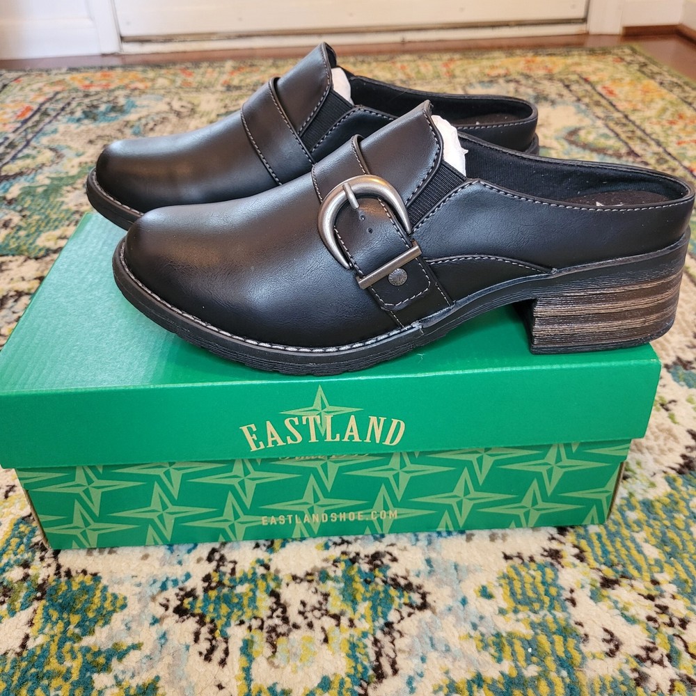 NIB Eastland Black Slip-On Clogs Mules, Size 8.5M Bohemian Trendy Chunky