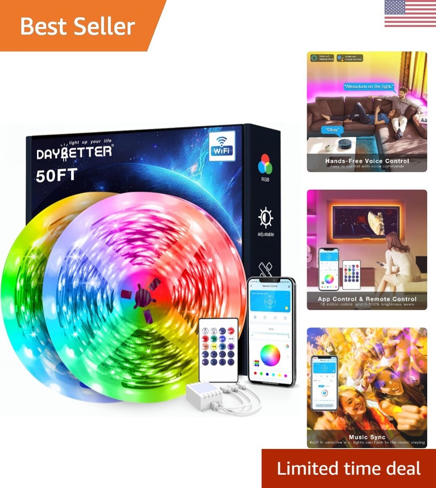 Voice-Controlled 50ft Smart LED Strip Lights - Music Sync and Remote App Control