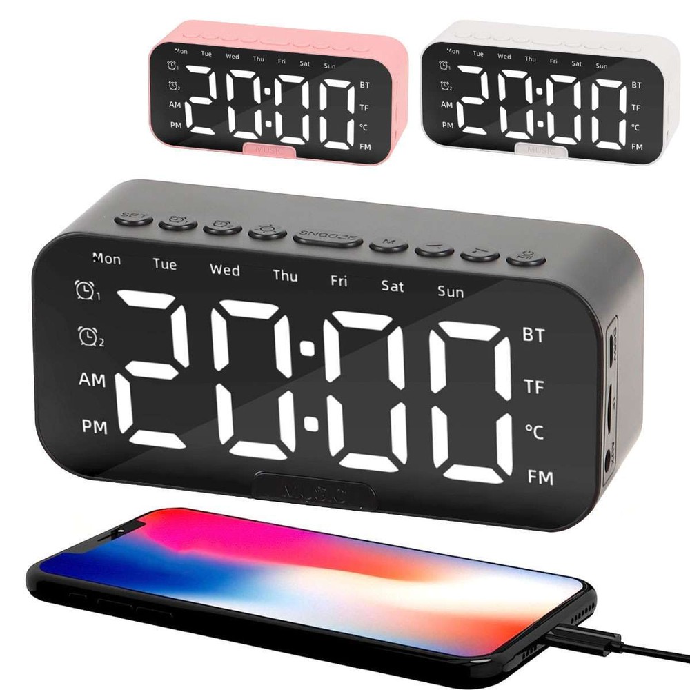 Digital Alarm Clock Bluetooth Mirror LED w/Wireless Speaker USB Rechargeable USA
