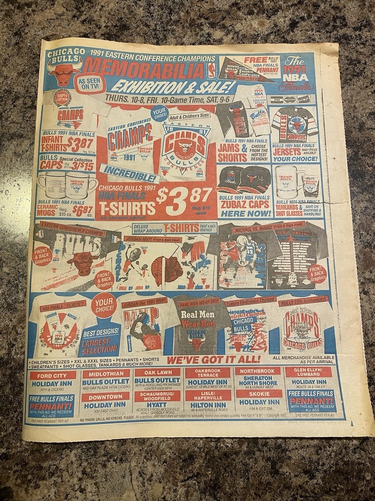1991 Chicago Bulls Champions Apparel Ad Newspaper Page.  Michael Jordan