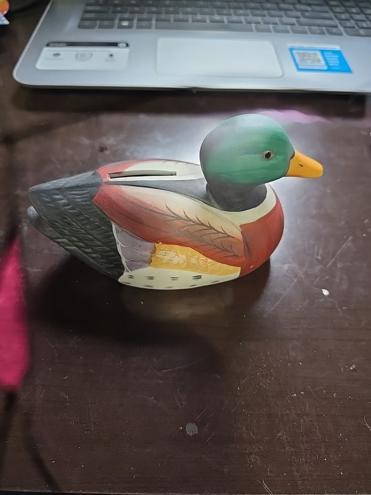 Vintage Duck Mallard Coin Bank Painted Ceramic Figurine 6”