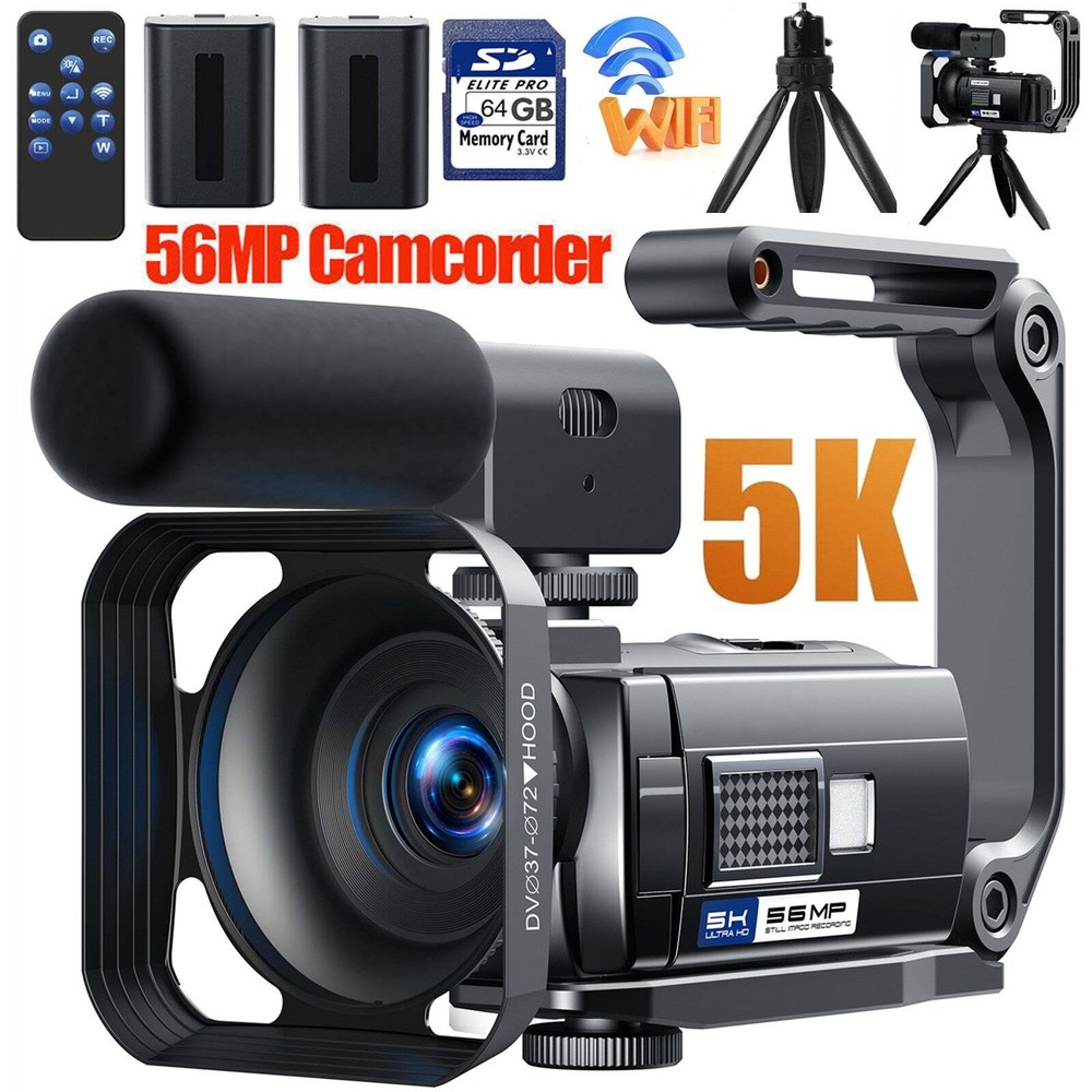 Video Camera 5K Camcorder 56MP Vlogging Camera IR WiFi IR Night Vision 64GB Card