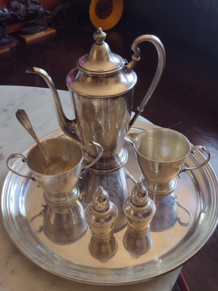 Sterling Silver Alvin Set with Tray Teapot Sugar Bowl Creamer Spoon and Salt Shaker 1204 Gms