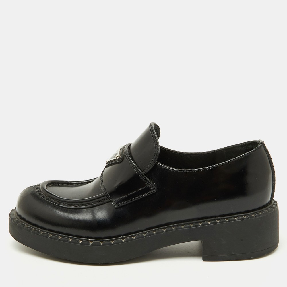 Prada Black Leather Monolith Platform Loafers with Triangle Logo Size 37