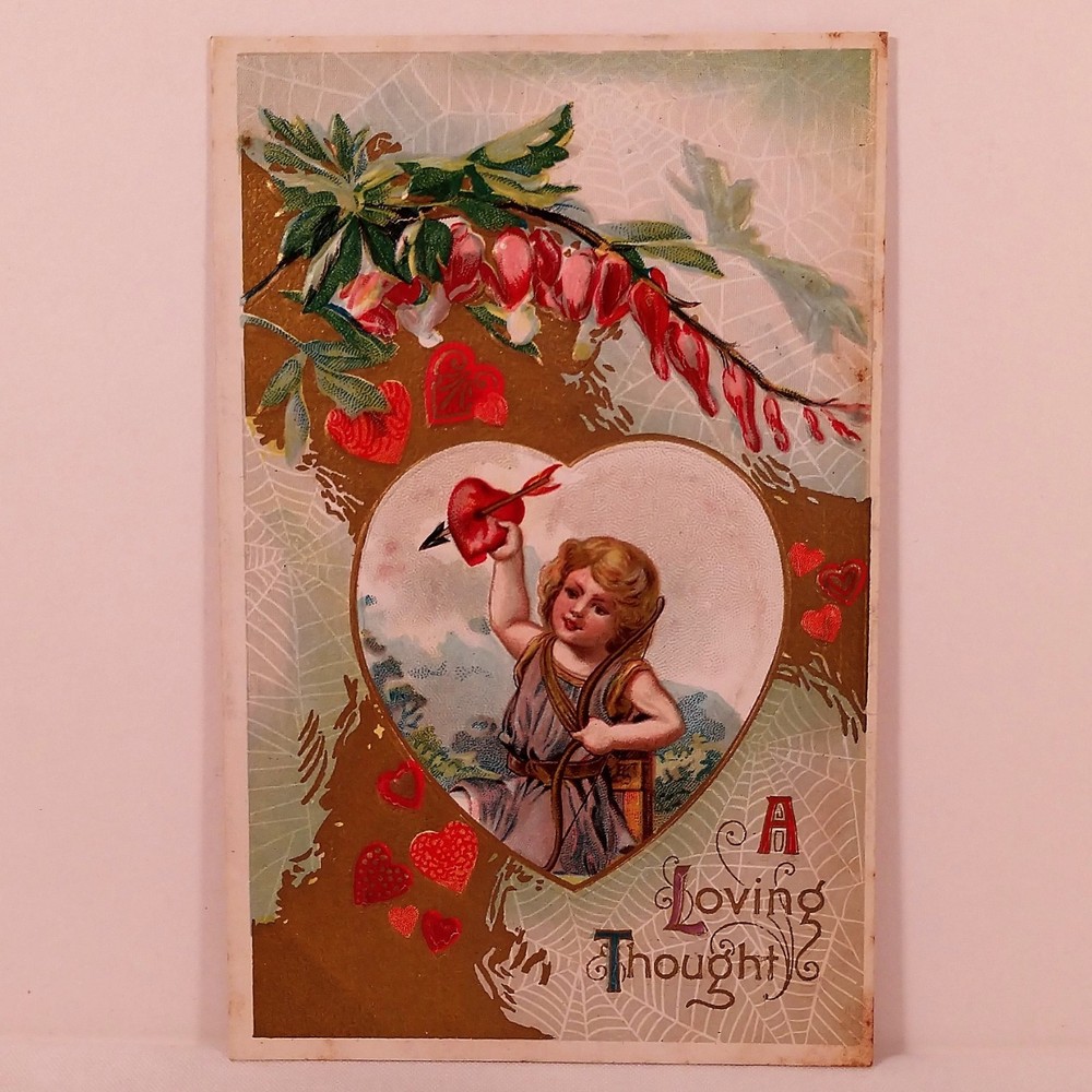 Vintage 1911 A Loving Thought Embossed Valentine Postcard For Sale-image