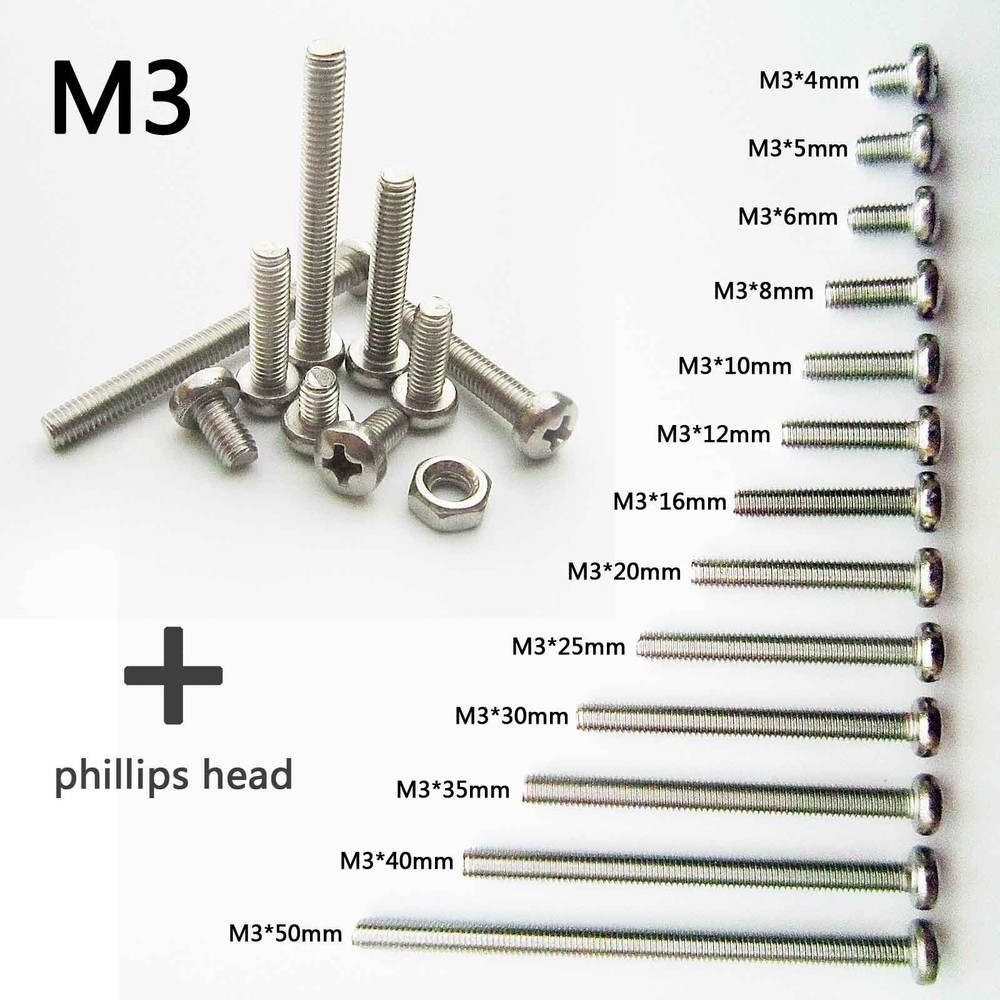 100pcs Stainless Steel Metric Thread M3 Round Pan Head Phillips Cross Screw Bolt