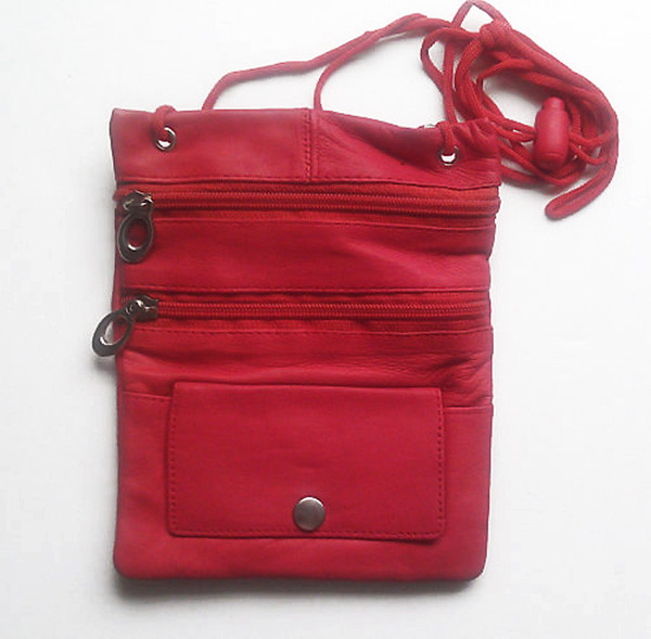 Red Leather Passport Neck Strap ID Holder Travel String Bag Cross Body US SELLER