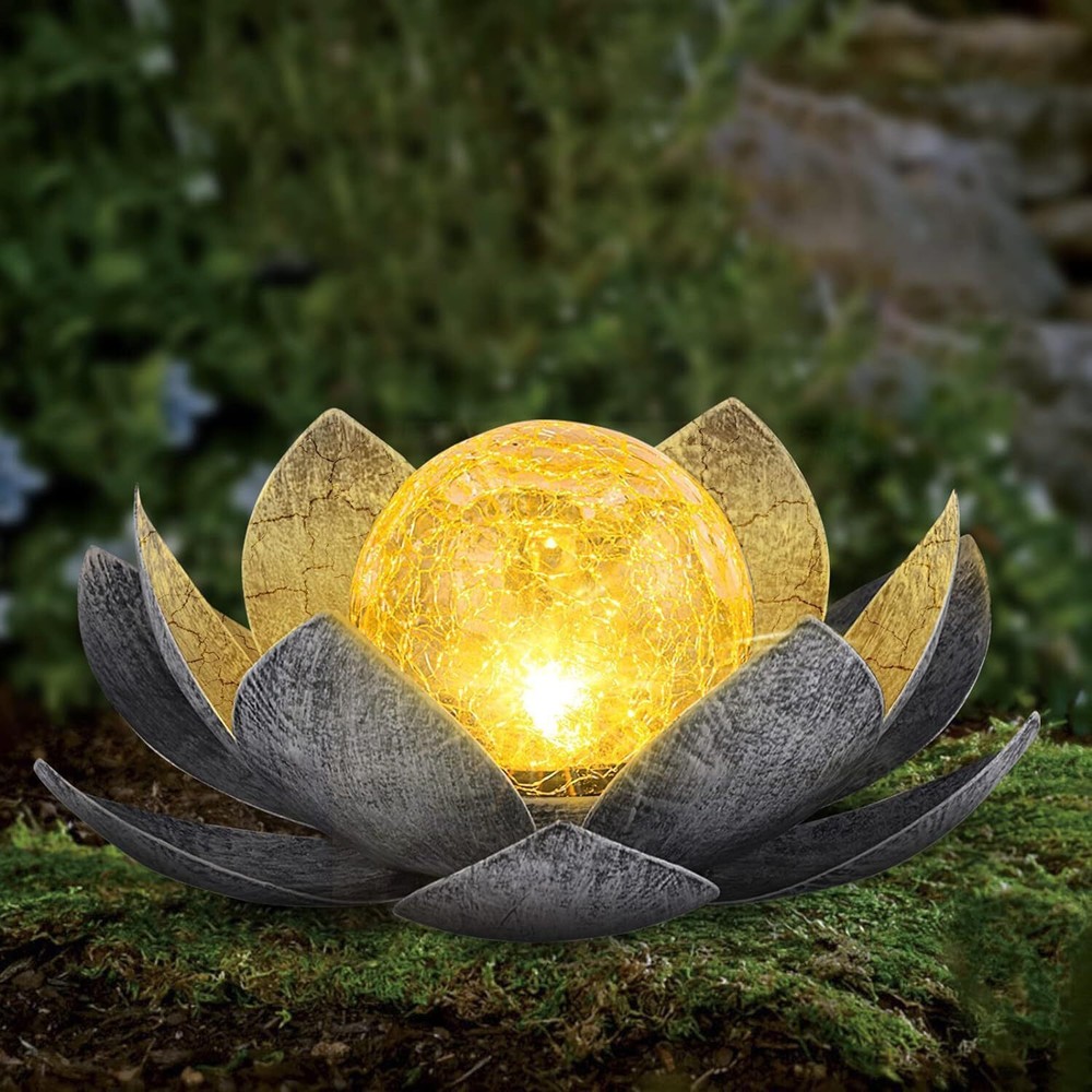 Amber Crackle Glass Solar Garden Lights 2-Pack with Lotus Design