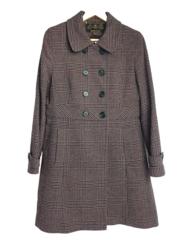 Vintage Barbour Ladies Wool Tweed Coat UK 12 / 38 Plaid Check Double Breasted