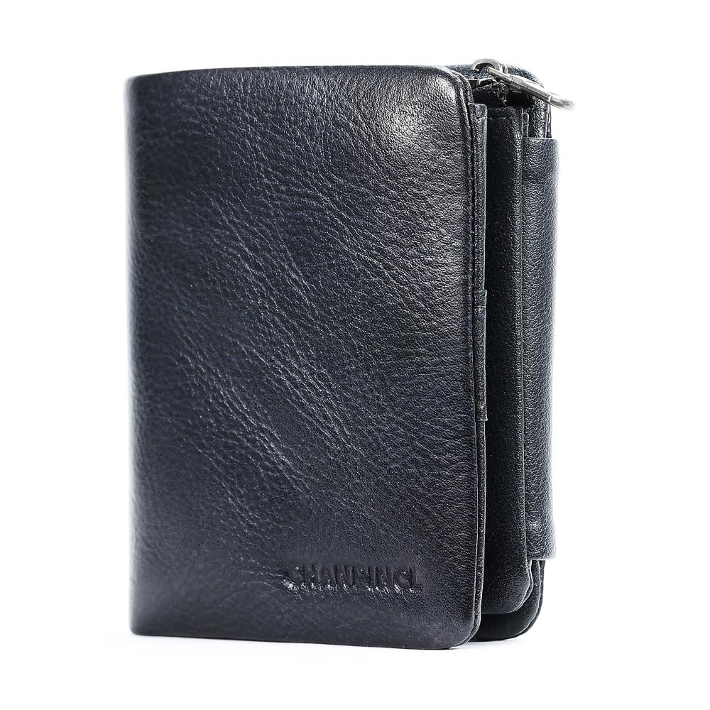 Men's Genuine Leather Wallet with Buckle Zipper 13 Card Slots Large Capacity RFID Blocking