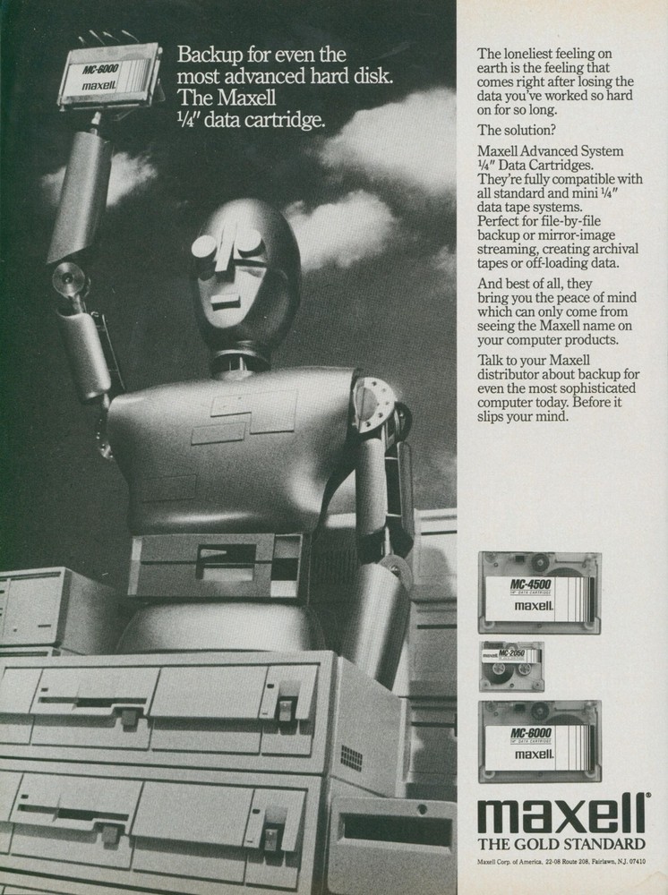 1988 Maxell Advanced System Data Cartridges Robot Backup Gold Vtg Print Ad PC1