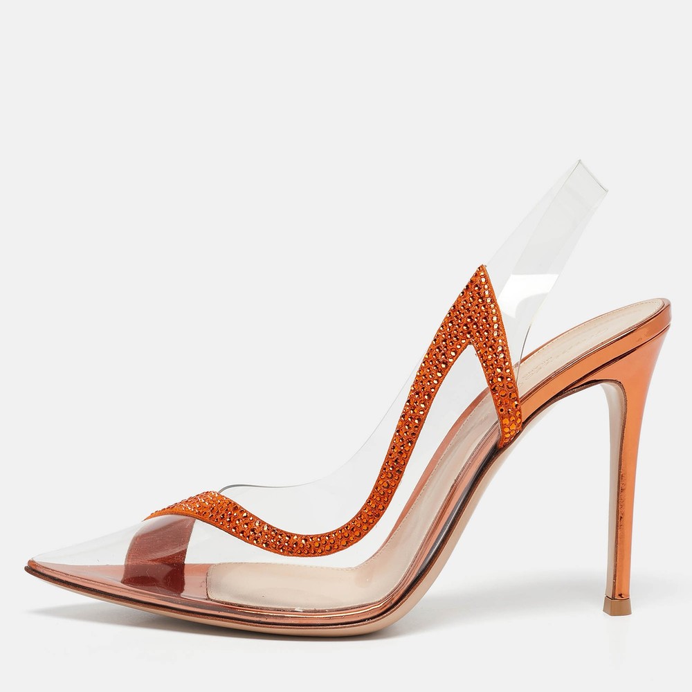 Gianvito Rossi Transparent/Orange PVC and Suede Embellished Hortensia Pumps