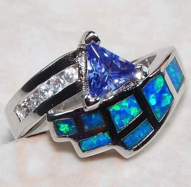 1CT Treated Sapphire & Australian Opal Inlay 925 Sterling Silver Ring Sz 6 BA4