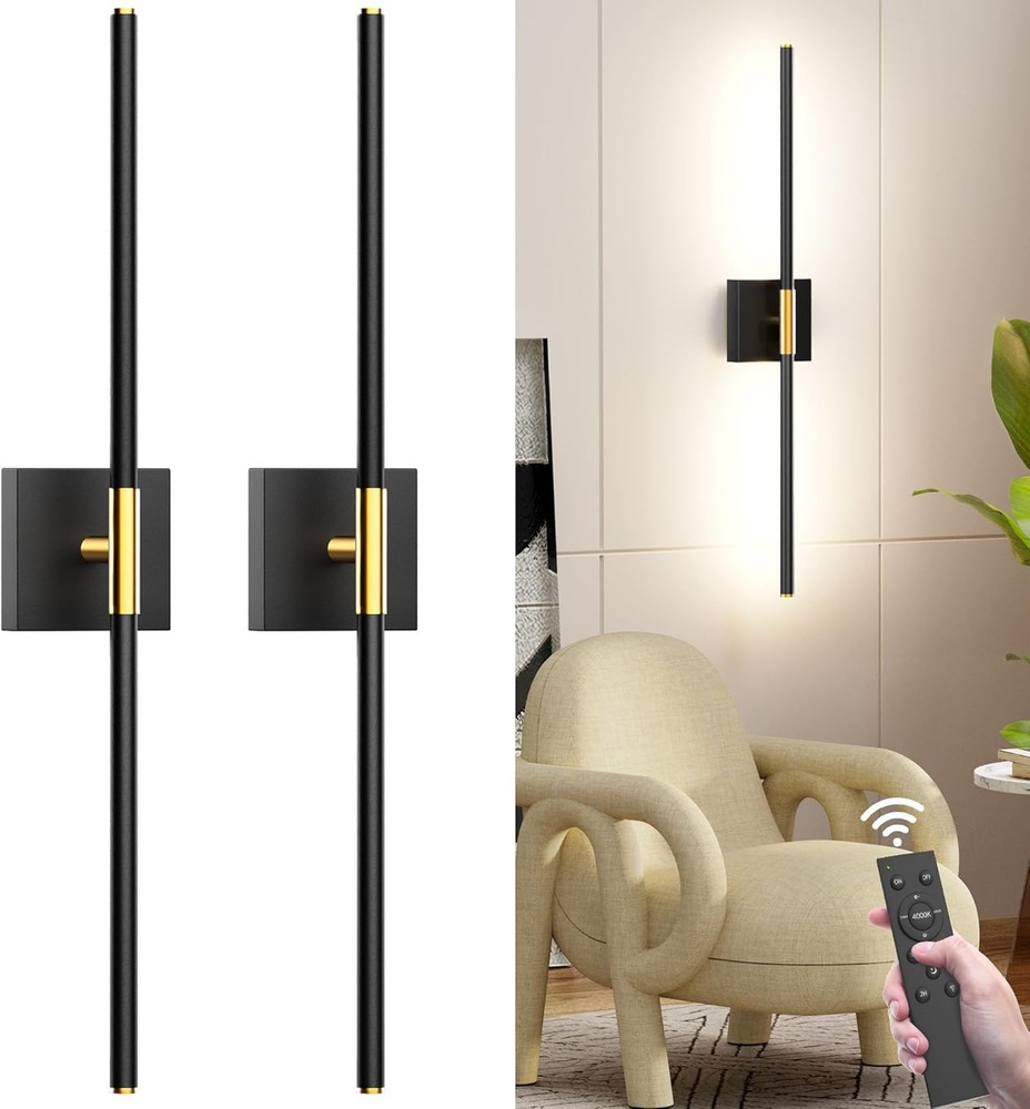 31.5 Inch Battery Operated Wall Sconce Set of Two, 8000mAh USB Black and Gold