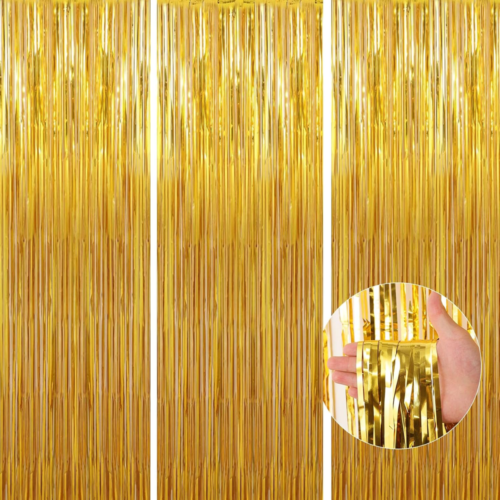 3 Pack Gold Foil Fringe Curtains 3.3x9.9ft for Birthday Party Decor