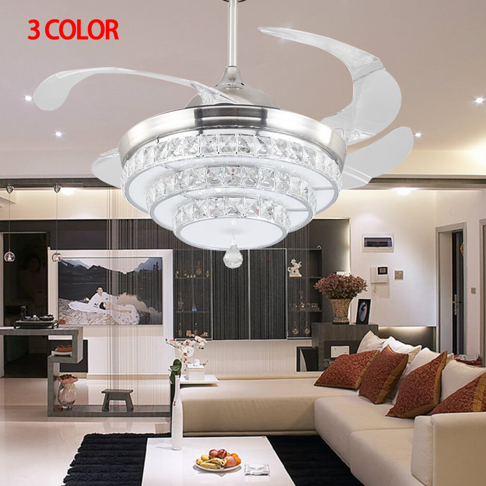 LED Chandelier Living Room Fan Lamp Retractable Crystal Ceiling Fan Light Decor
