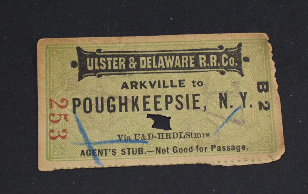 1910 Ulster & Delaware RR Ticket *Arkville  -  Poughkeepsie*