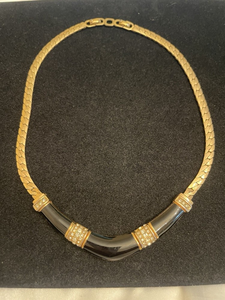Vintage Christian Dior Gold Tone Black Enamel Rhinestone Link Necklace