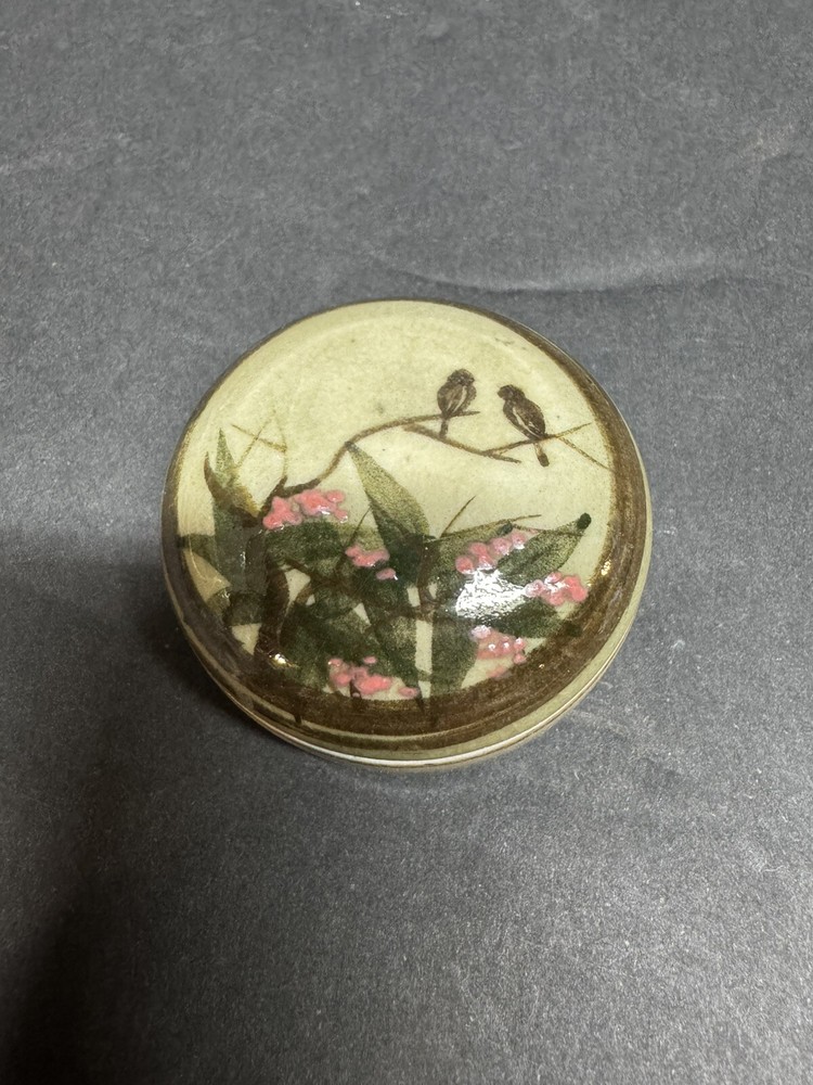 Vintage Celadon Green Porcelain Trinket Box Hand Painted with Birds and Foliage