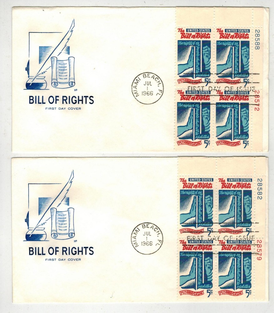 1966 Bill of Rights 1312 Farnam FDC Set of 2 Different Plate Blocks