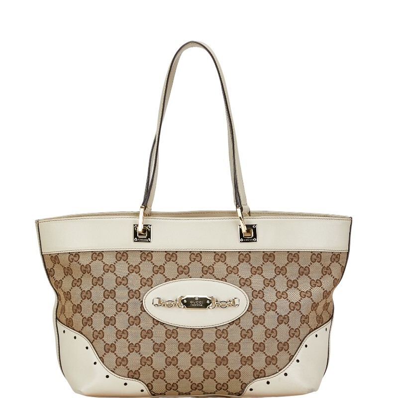 GUCCI GG Canvas Tote Bag in White Leather with Gold Hardware