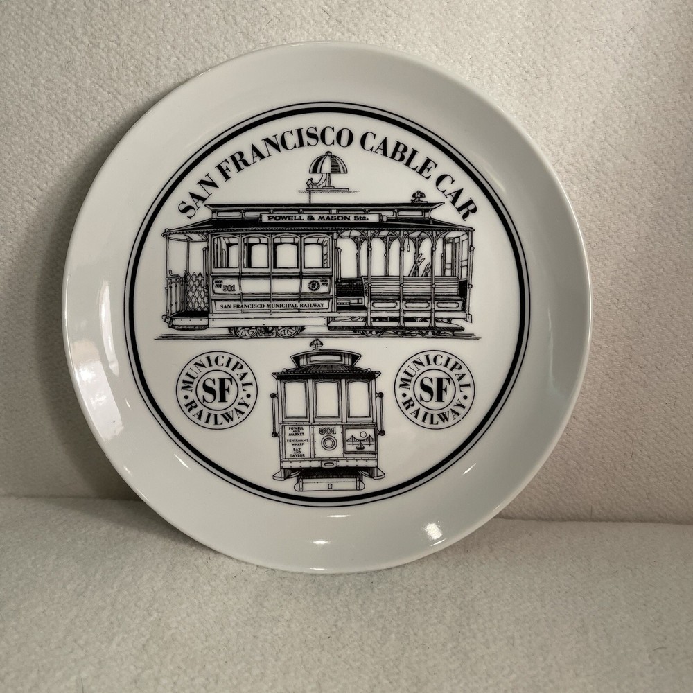 Vtg San Francisco Cable Car Plate Black & White Ceramic Collectors Plate 7.5”
