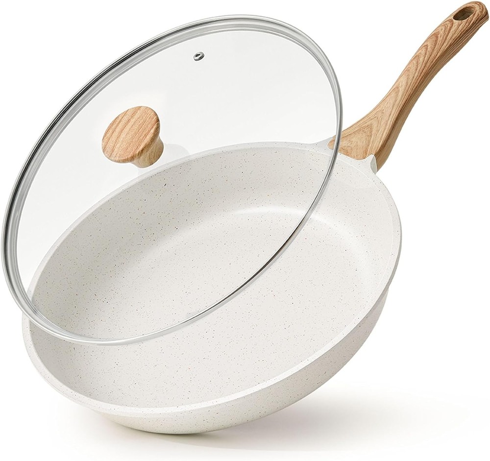 SENSARTE Nonstick Ceramic Frying Pan with Lid 8 Inch, White