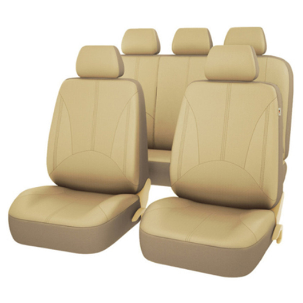 PU Leather Car Seat Covers Full Set Front Rear Cushion Protector Beige Accessory