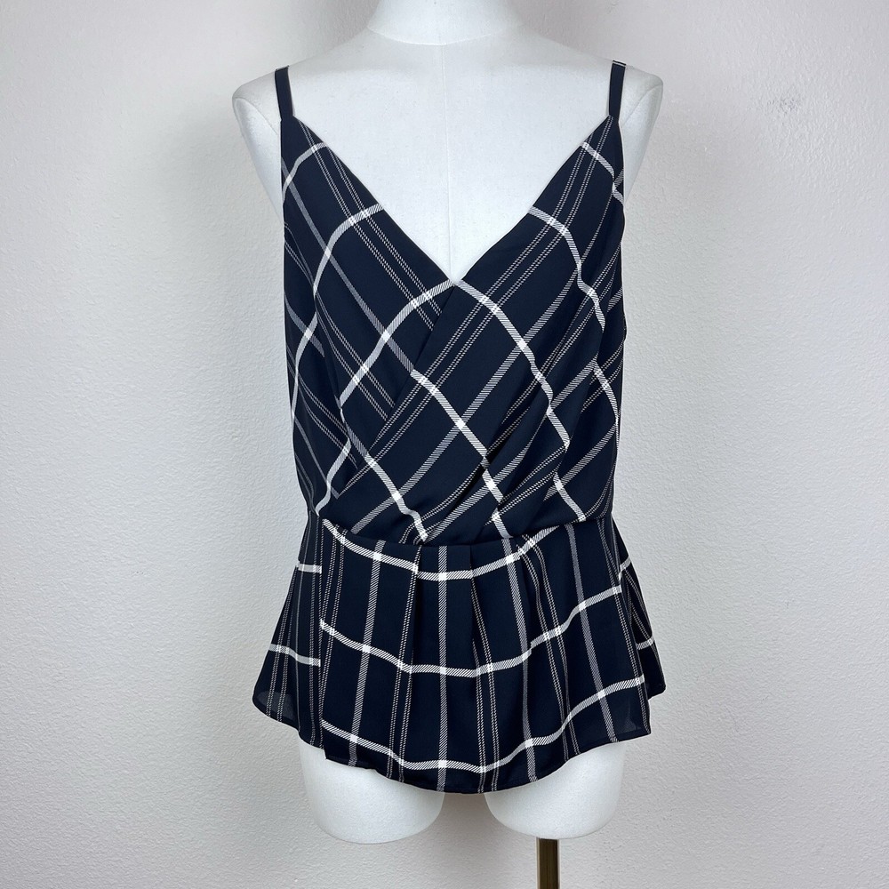 CAbi Womens Black Chiffon Plaid Peplum Crossover Cami Tank Top