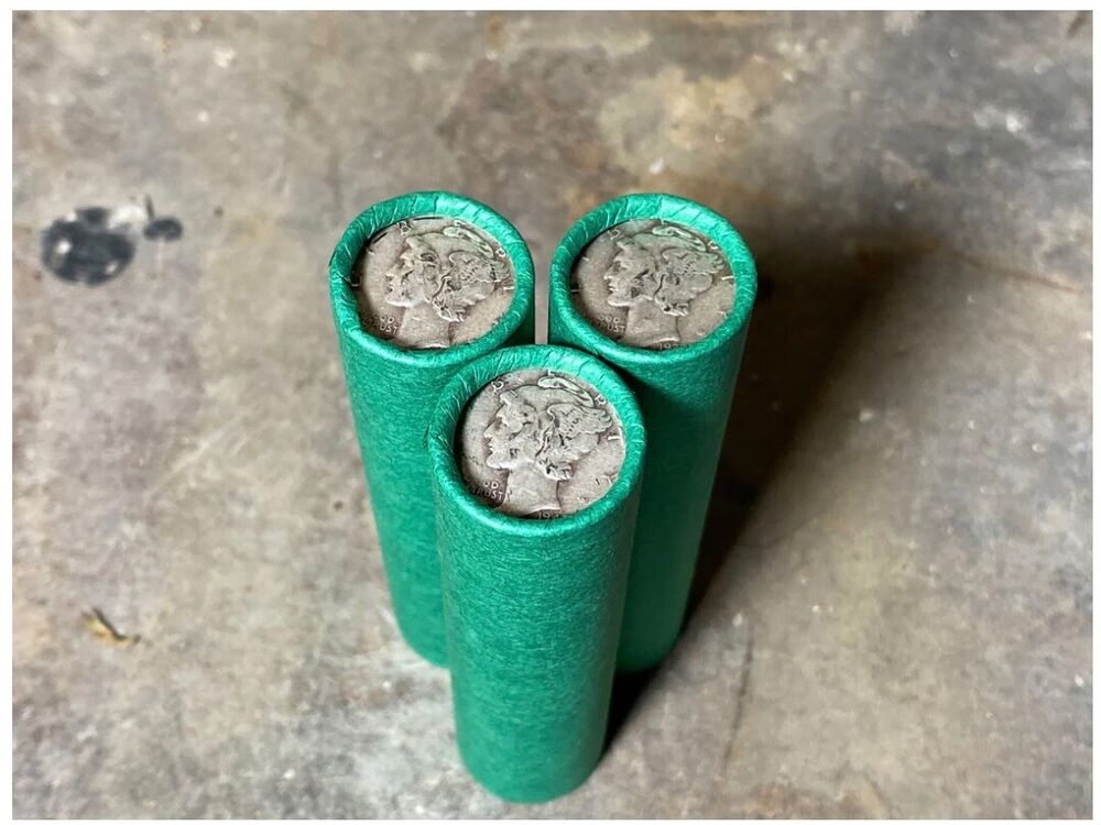 SILVER MERCURY DIME showing on old vintage unsearched green wheat penny roll us