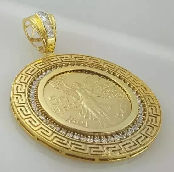 Lab Created Diamond 2Ct Round Coin Frame 50 Pesos Pendant 14K Yellow Gold Plated