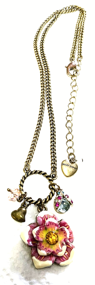 Betsey Johnson Necklace Tropical Flower Charm Pink Enamel Signed Gold-tone