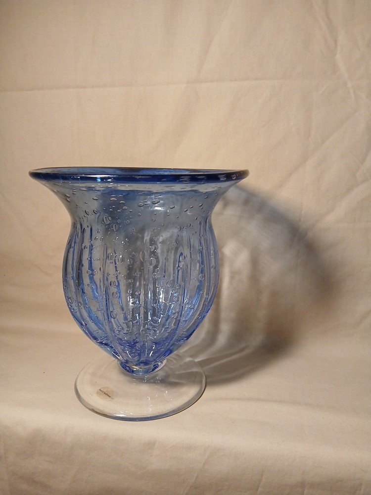 Blue Hand Blown Glass Hurricane Pedestal Candle Holder 6.5