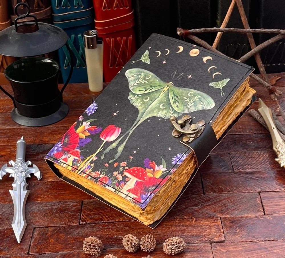 Enchanting Luna Moth Leather Spell Book with 200 Deckle-Edged Pages