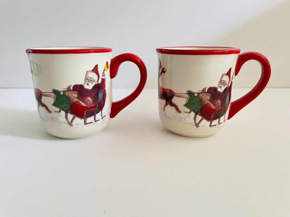 WILLIAMS-SONOMA SANTA & REINDEER MUGS MARC LACAZE- SET OF 2 CHRISTMAS
