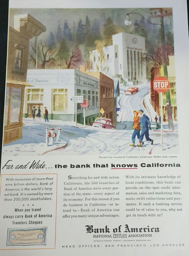 Bank of America Nevada Snow Magazine Ad Advertisement 1955 Display Wall Art Deco