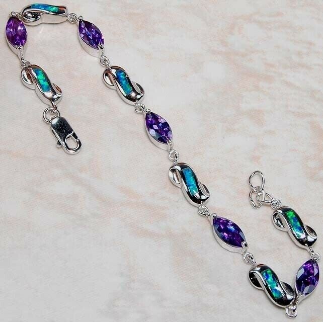 Amethyst & Australian Opal Inlay 925 Sterling Silver Tennis Bracelet OB1
