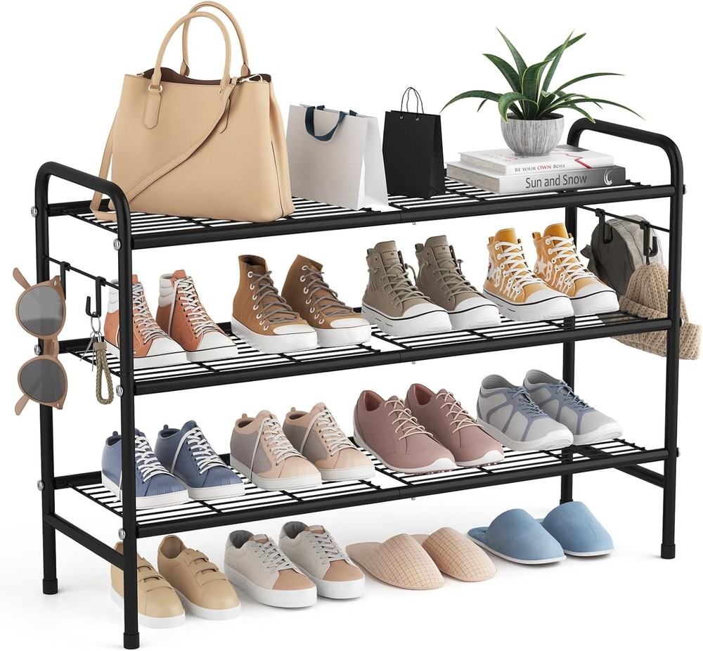 3-Tier 33-Inch Wide Metal Shoe Rack with Storage Shelves and 4 Side Hooks