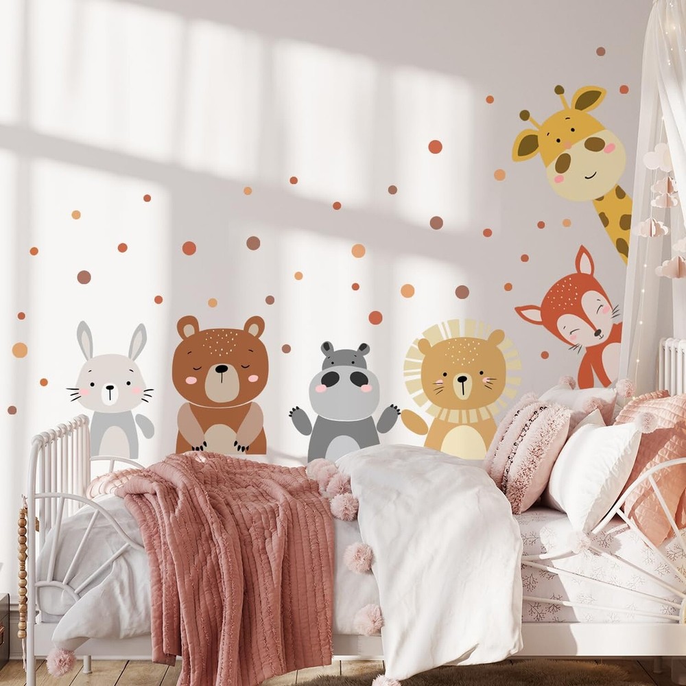 Watercolor Animals Wall Decals, Cartoon Giraffe Bear Lion Fox Polka dot Wall ...